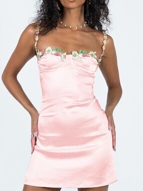 Princess Polly NWT Satin Light Pink Kenzie Floral Embroidered Mini Dress